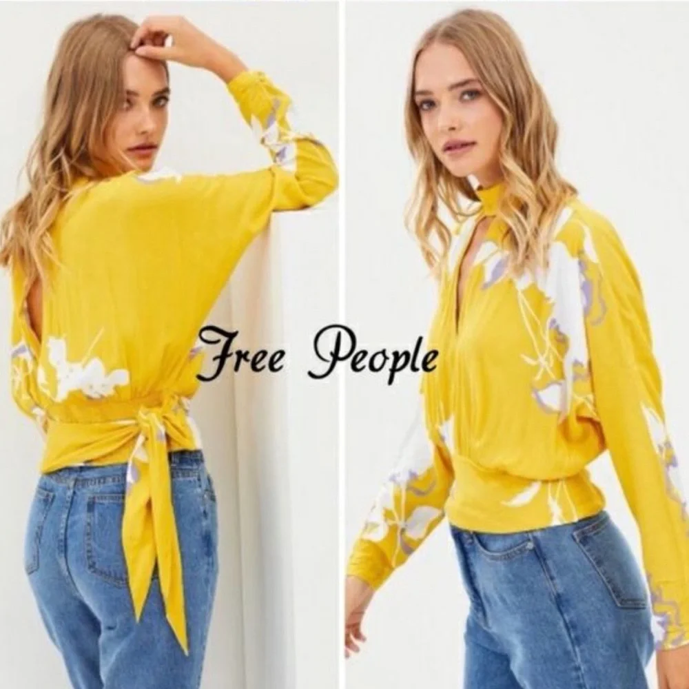 Free People Say You Love Me Yellow Floral Side Tie Blouse Sz M - Picture 2 of 12